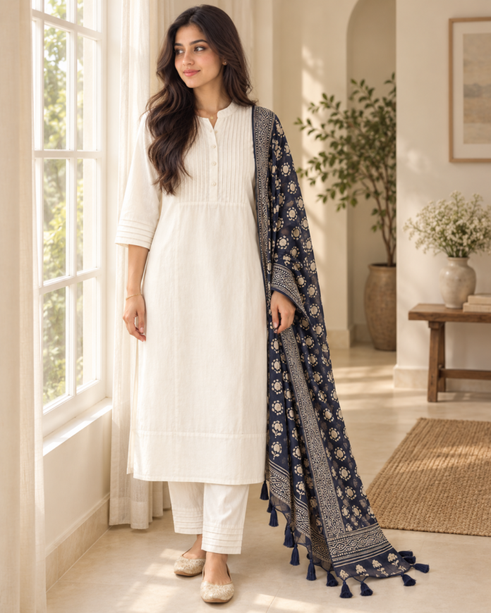 Pintuck Cotton Kurta Set With Dupatta — styled lifestyle view