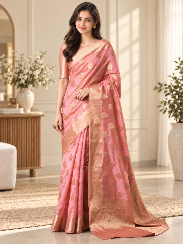 Maya wearing a pink organza saree with gold woven motifs, styled with soft waves and rose-nude makeup