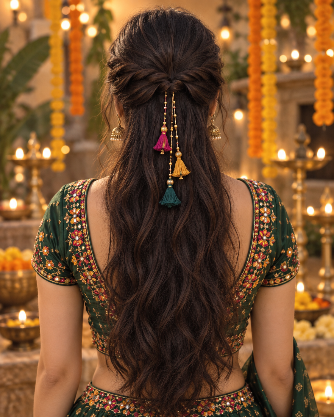 Twisted half-up hairstyle with magenta, mustard and teal tassels, seen from behind.