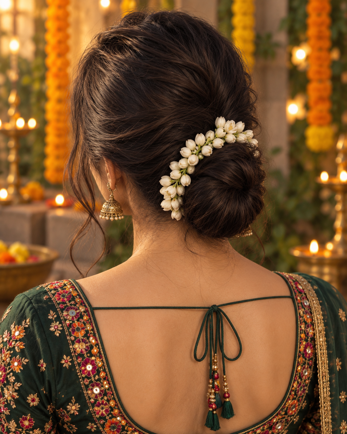 Low coiled bun edged with white jasmine flowers, photographed from the rear side.