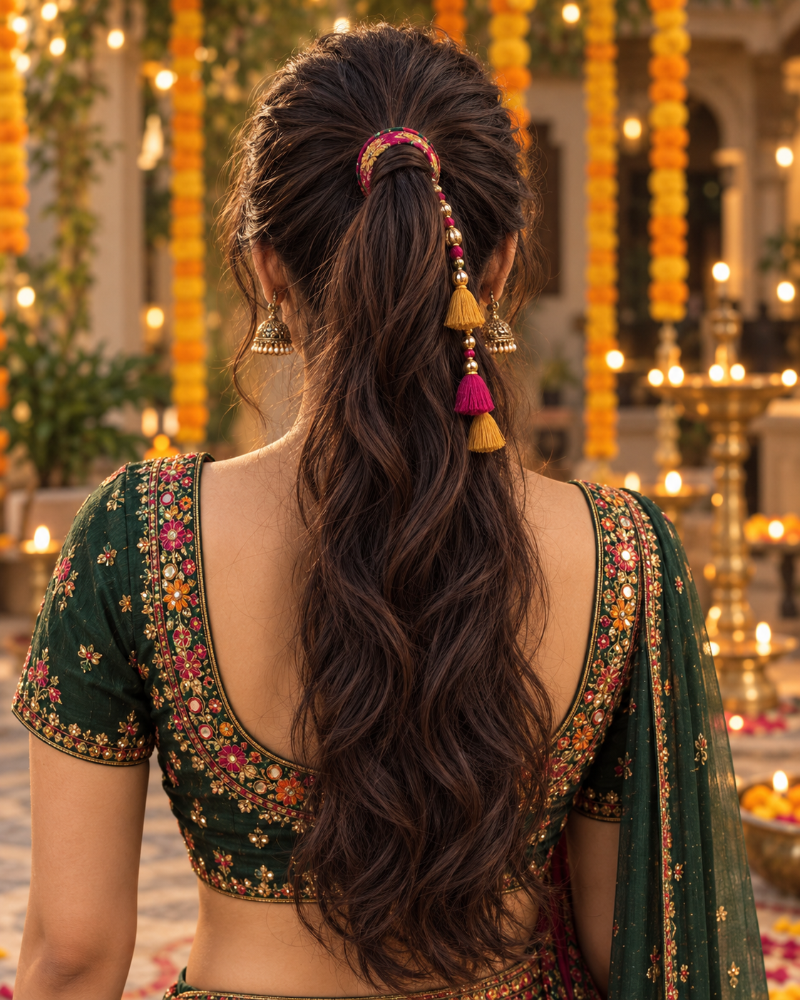 Mid-high wavy ponytail with a colourful band and hanging tassels, seen from behind.