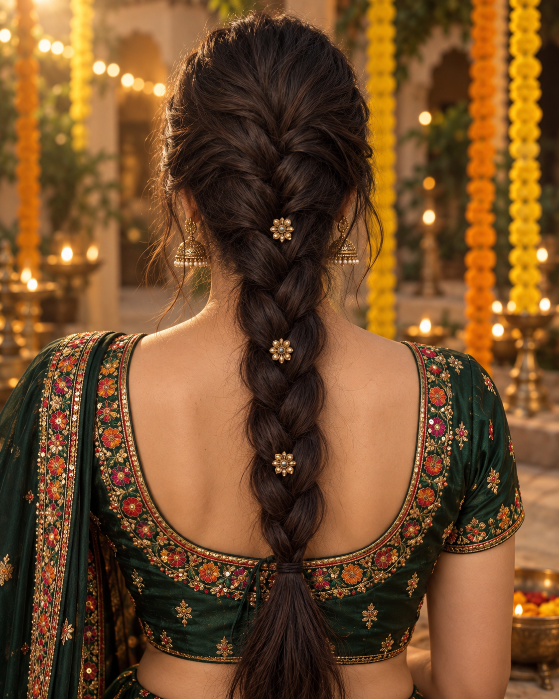 Three-strand braid decorated with spaced gold floral charms.