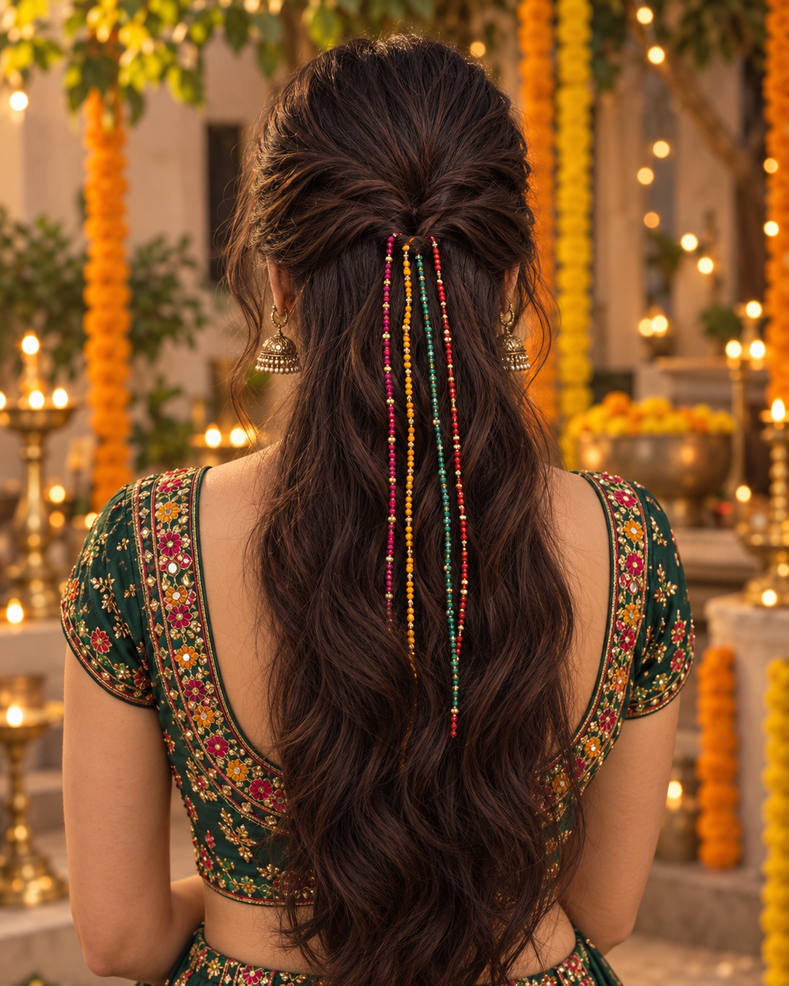 Half-up hairstyle with four colourful beaded threads over loose waves.