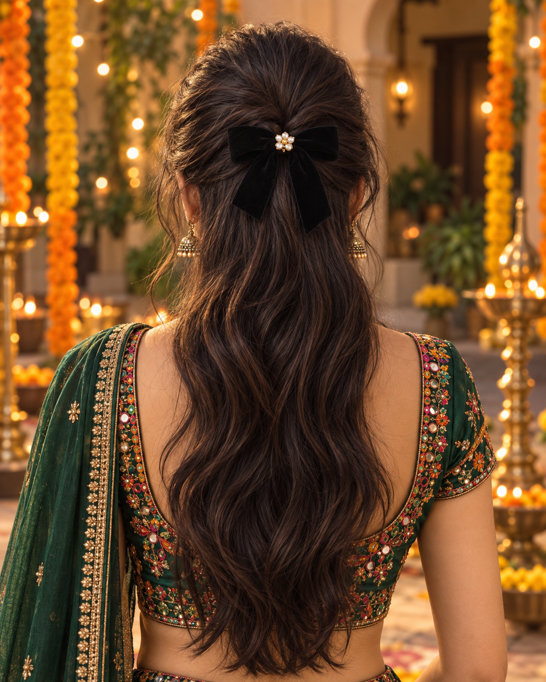 Black velvet bow with a small floral centre holding a half-up hairstyle.