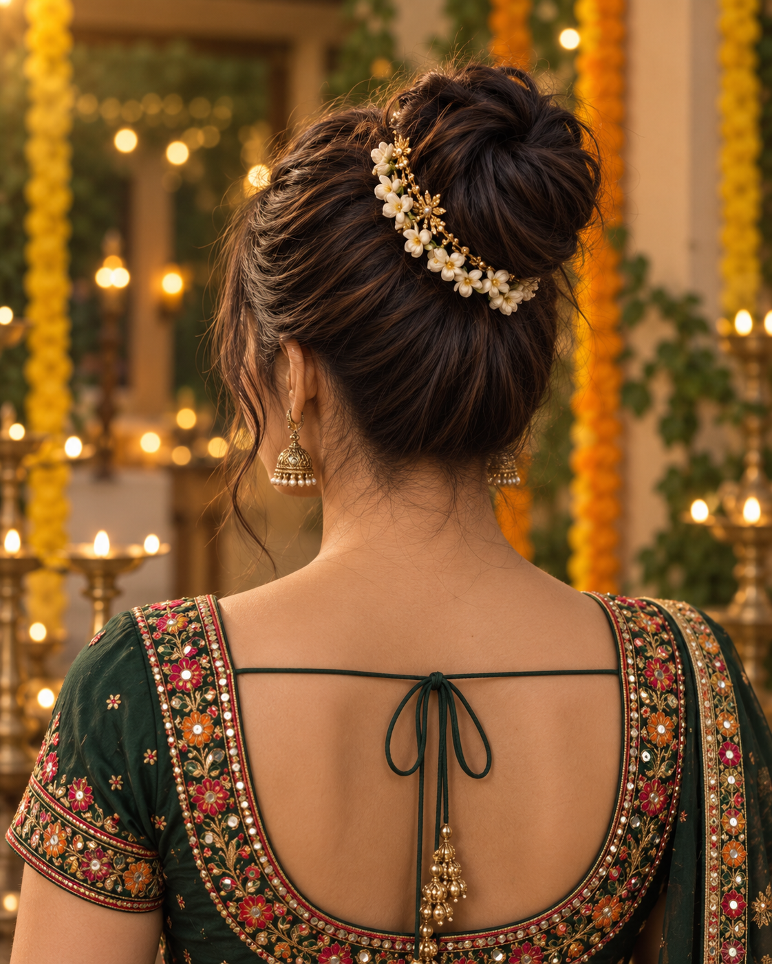 High coiled bun with a curved gold-and-white floral ornament.