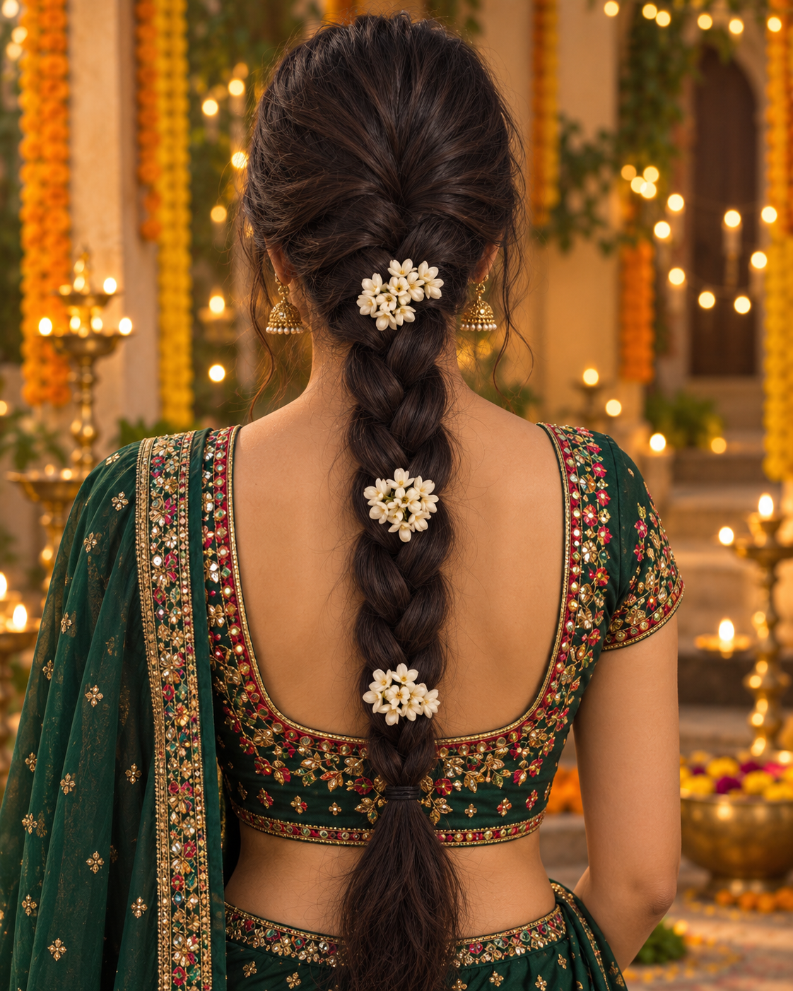 Long three-strand braid with three white jasmine flower clusters.