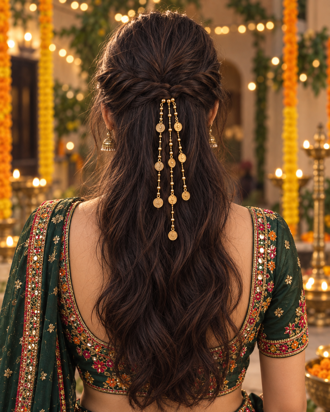 Half-up twists with three slim gold coin strings hanging over loose hair.