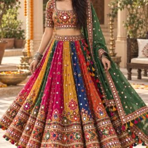 AI-created Maya styling inspiration: Multicolour poly-silk mirror-work chaniya choli