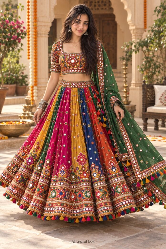 AI-created Maya styling inspiration: Multicolour poly-silk mirror-work chaniya choli
