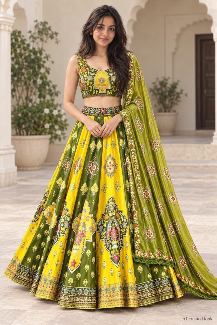 AI-created Maya main based on the retailer reference: Lime/yellow and olive-green alternating floral panels on the flared lehenga, matching sleeveless cropped blouse with the central yellow teardrop neckline panel, matching printed green dupatta and narrow ornate green/gold borders. Carry over the actual floral/botanical motifs and panel placement, not rainbow panels or a red blouse.