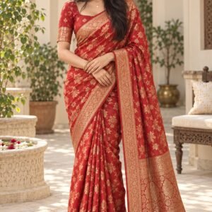 AI-created Maya styling inspiration: Red Banarasi-style saree with zari weave