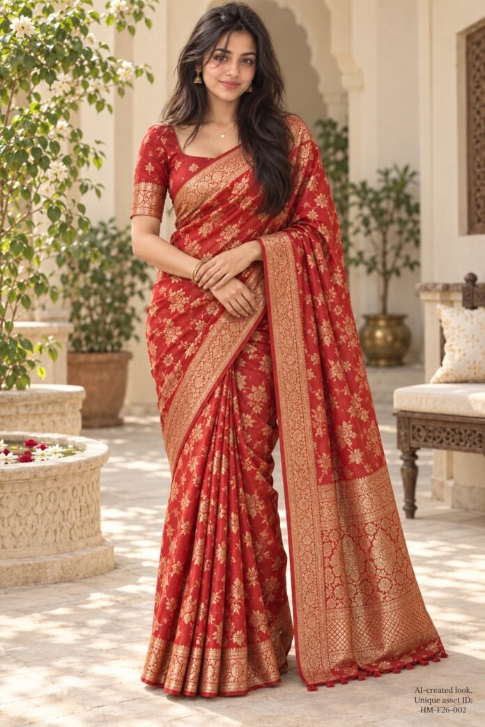 AI-created Maya styling inspiration: Red Banarasi-style saree with zari weave