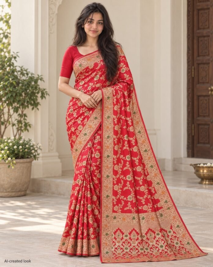 AI-created Maya main view: red saree with gold floral and paisley weave, matching the worn retailer product photo.
