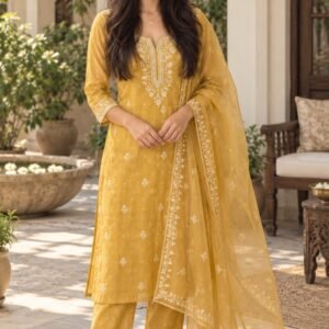 AI-created Maya styling inspiration: Mustard embroidered Chanderi-style kurta pant with organza dupatta