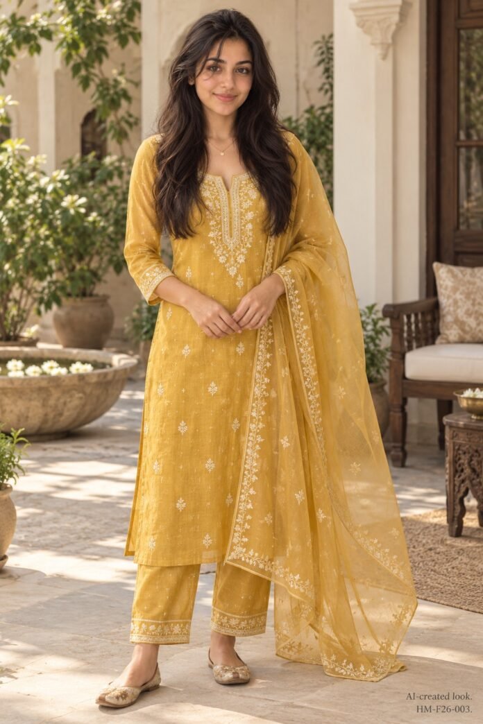 AI-created Maya styling inspiration: Mustard embroidered Chanderi-style kurta pant with organza dupatta
