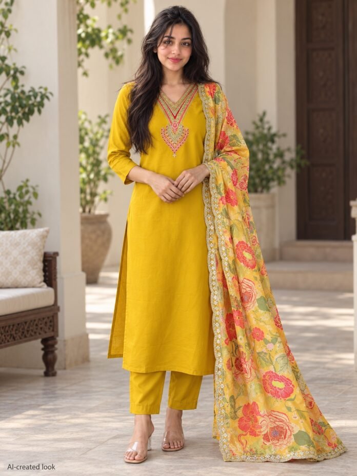 AI-created Maya main based on the retailer reference: Mustard straight kurta with colourful V-neck and pendant-shaped central embroidery, matching trousers and a multicolour floral printed dupatta. No invented all-over gold embroidery.