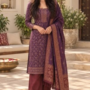 AI-created Maya styling inspiration: Purple and maroon Jacquard three-piece suit