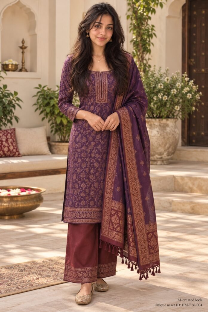 AI-created Maya styling inspiration: Purple and maroon Jacquard three-piece suit