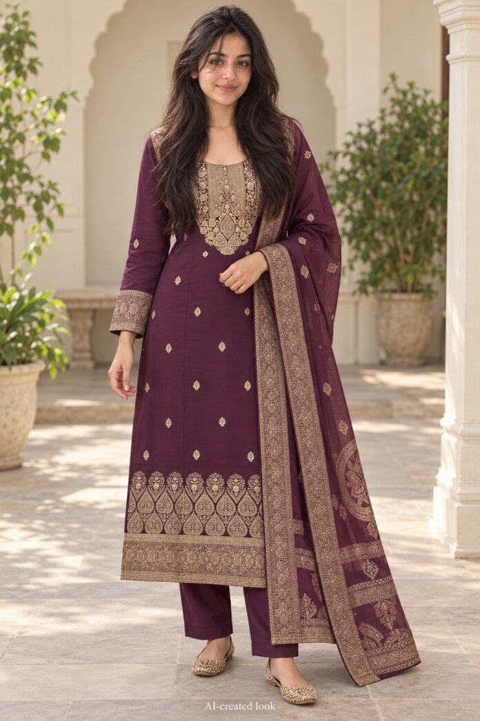 AI-created Maya main view: Deep plum straight kurta and trousers with the gold woven ornate neckline panel, scattered small gold butis, wide gold paisley/floral hem and matching plum/gold bordered dupatta