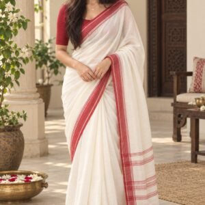 AI-created Maya styling inspiration: Bengali white saree with red border