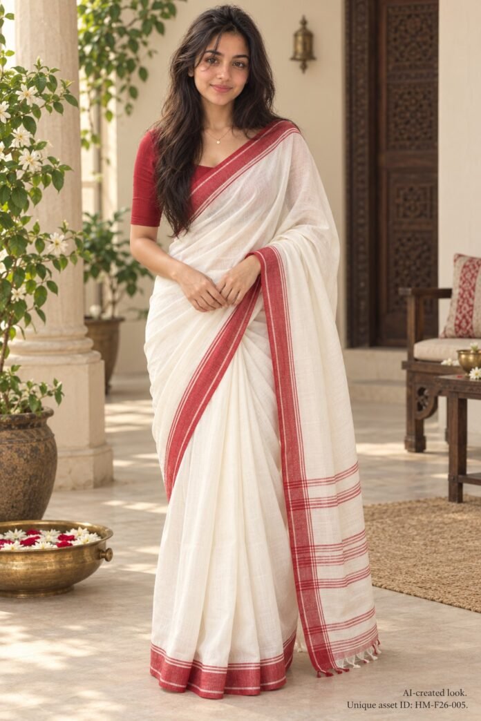 AI-created Maya styling inspiration: Bengali white saree with red border