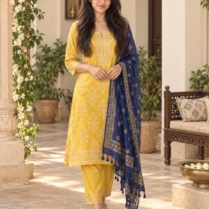 AI-created Maya styling inspiration: Yellow kurta-pant with blue dupatta