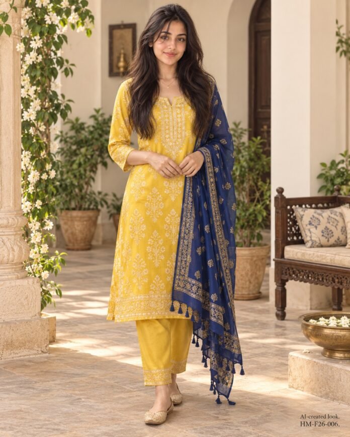 AI-created Maya styling inspiration: Yellow kurta-pant with blue dupatta