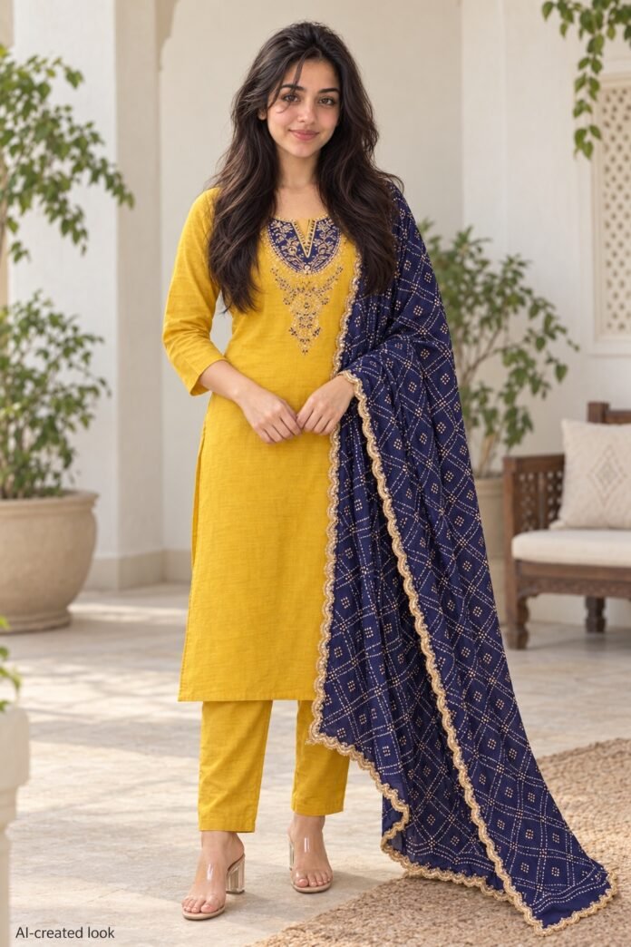 AI-created Maya main view: Mustard/yellow kurta-pant outfit, ornate navy/gold neckline embroidery and navy dupatta with the actual small geometric/bandhani pattern
