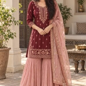 AI-created Maya styling inspiration: Maroon embroidered kurta, pink sharara and net dupatta