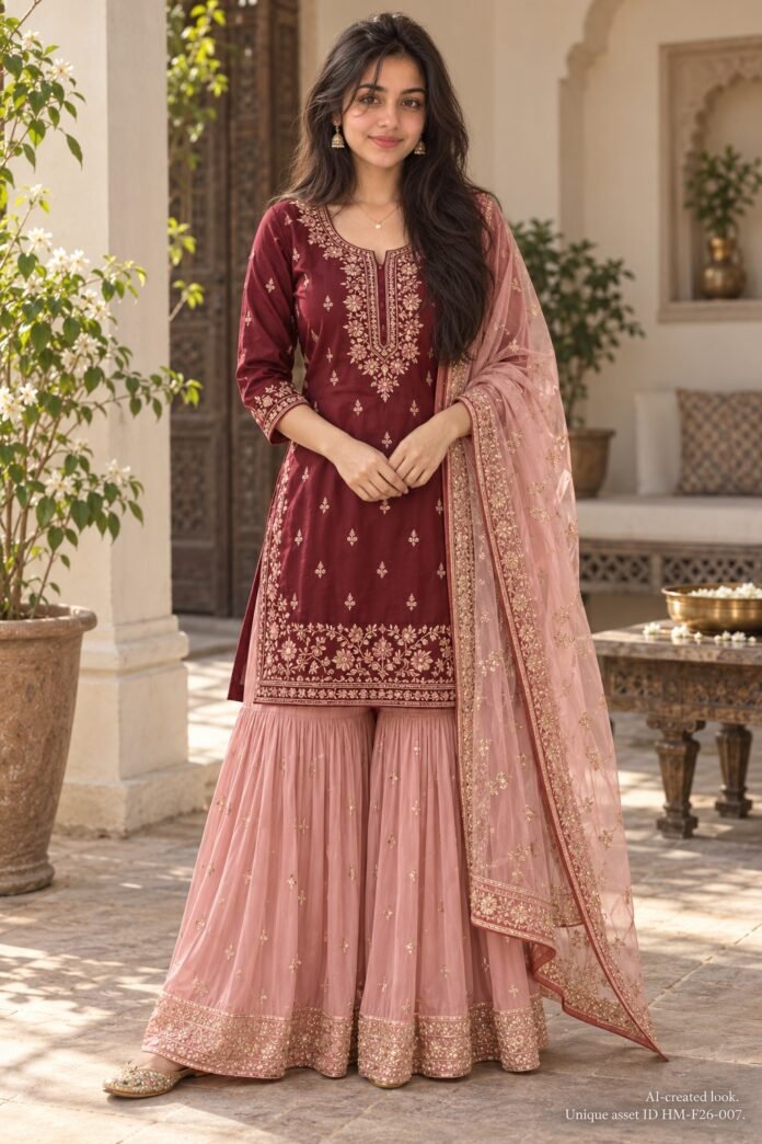 AI-created Maya styling inspiration: Maroon embroidered kurta, pink sharara and net dupatta
