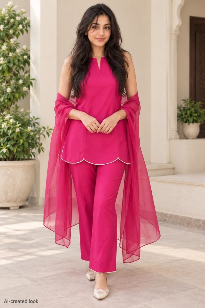 AI-created Maya main view: Bright pink relatively plain straight kurta and trousers with matching pink dupatta, keyhole/tie neckline and narrow pale scalloped hem/cuff trim