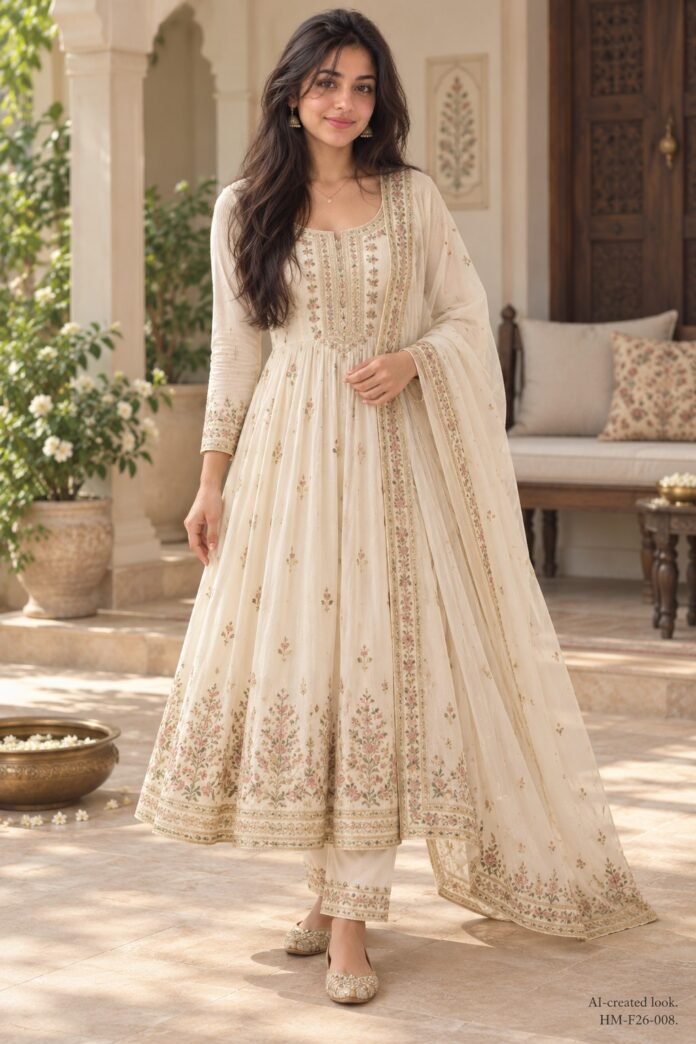 AI-created Maya styling inspiration: MOKOSH women's silk embroidery Anarkali kurta pant and dupatta