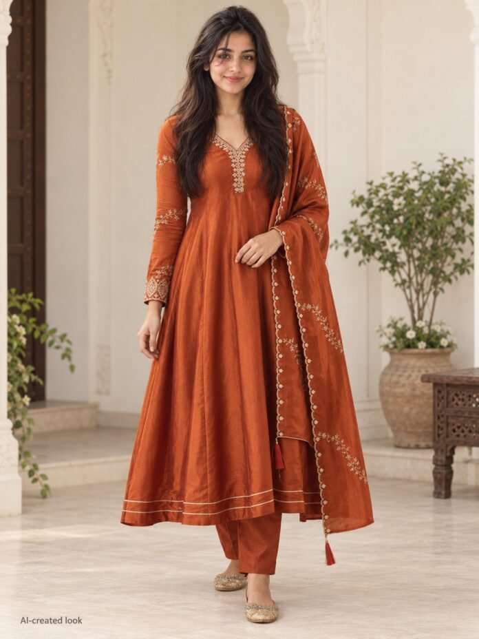 AI-created Maya main view: Rust/orange calf-length Anarkali with the exact fine gold neckline/placket, sleeve and hem details, the reference trousers and rust dupatta