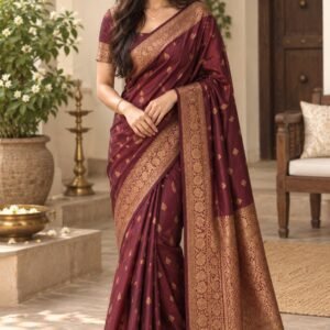 AI-created Maya styling inspiration: Sugathari Banarasi/Kanjivaram-style saree, wine variant