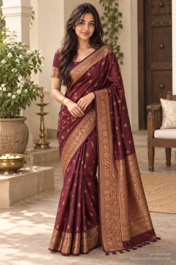 AI-created Maya styling inspiration: Sugathari Banarasi/Kanjivaram-style saree, wine variant