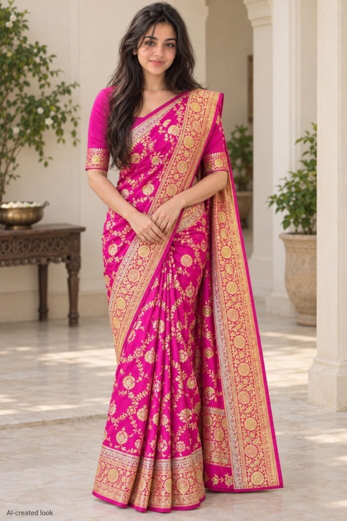AI-created Maya main view: The observed Rani-pink saree variant with its actual gold weave and broad border; no wine-colour substitution