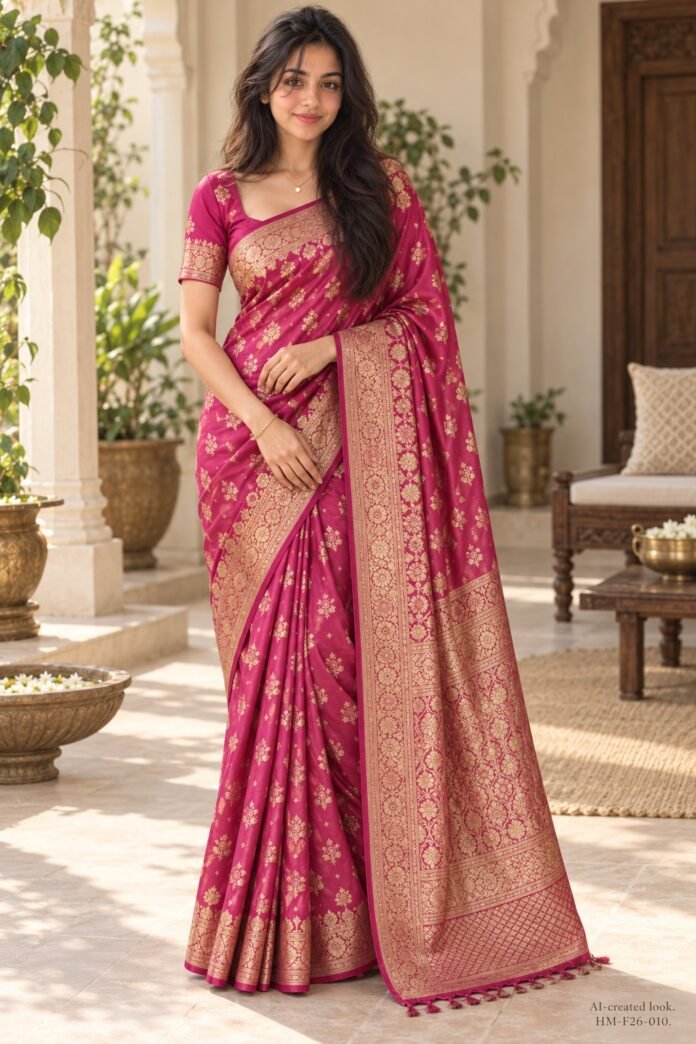 AI-created Maya styling inspiration: Shiv Textiles women's Banarasi silk saree