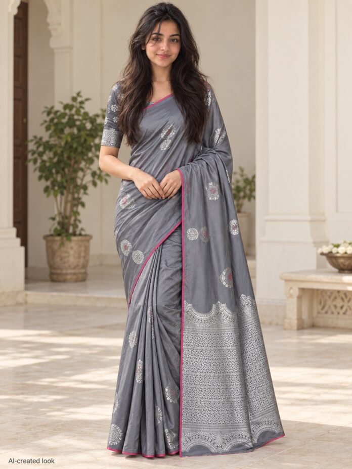 AI-created Maya main view: Grey saree with sparse silver motifs and the wide silver-patterned pallu/border with restrained pink edging
