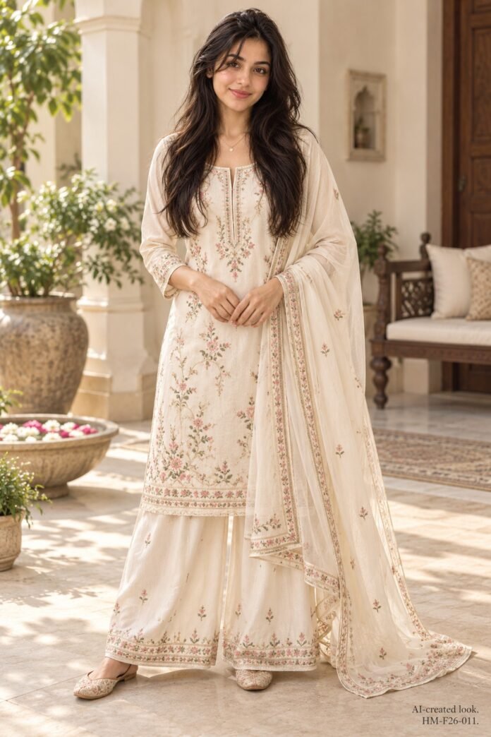 AI-created Maya styling inspiration: ANNI Designer embroidered viscose-blend kurta-palazzo dupatta