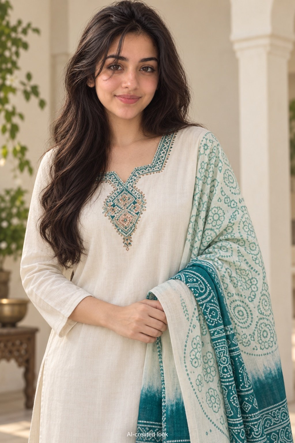 AI-created Maya detail view: Straight white kurta and white trousers, subtle green neckline panel and the actual teal/white patterned dupatta with its dark teal end section