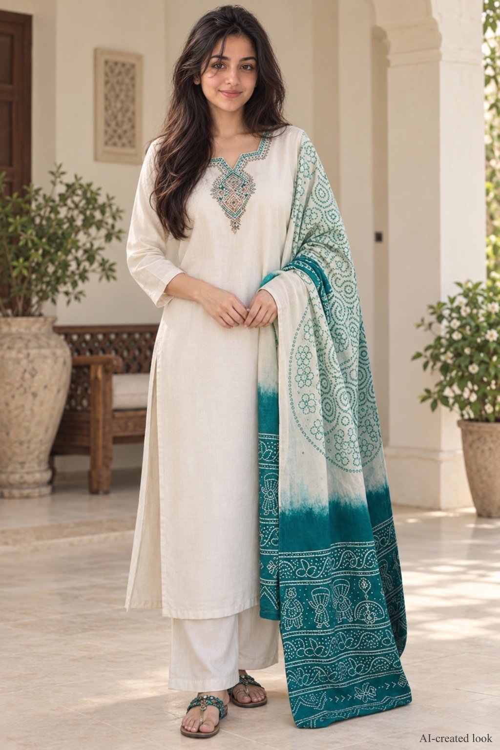 AI-created Maya main view: Straight white kurta and white trousers, subtle green neckline panel and the actual teal/white patterned dupatta with its dark teal end section