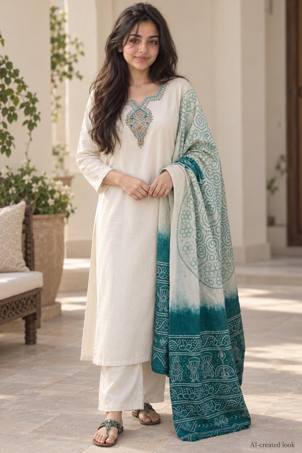 AI-created Maya showcase view: Straight white kurta and white trousers, subtle green neckline panel and the actual teal/white patterned dupatta with its dark teal end section