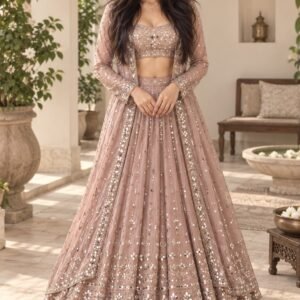 AI-created Maya styling inspiration: LYMI LABEL georgette mirror-work lehenga choli with shrug