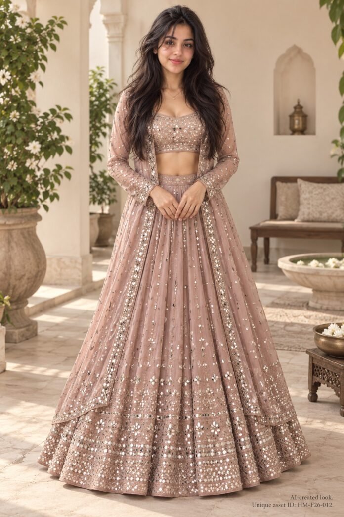 AI-created Maya styling inspiration: LYMI LABEL georgette mirror-work lehenga choli with shrug