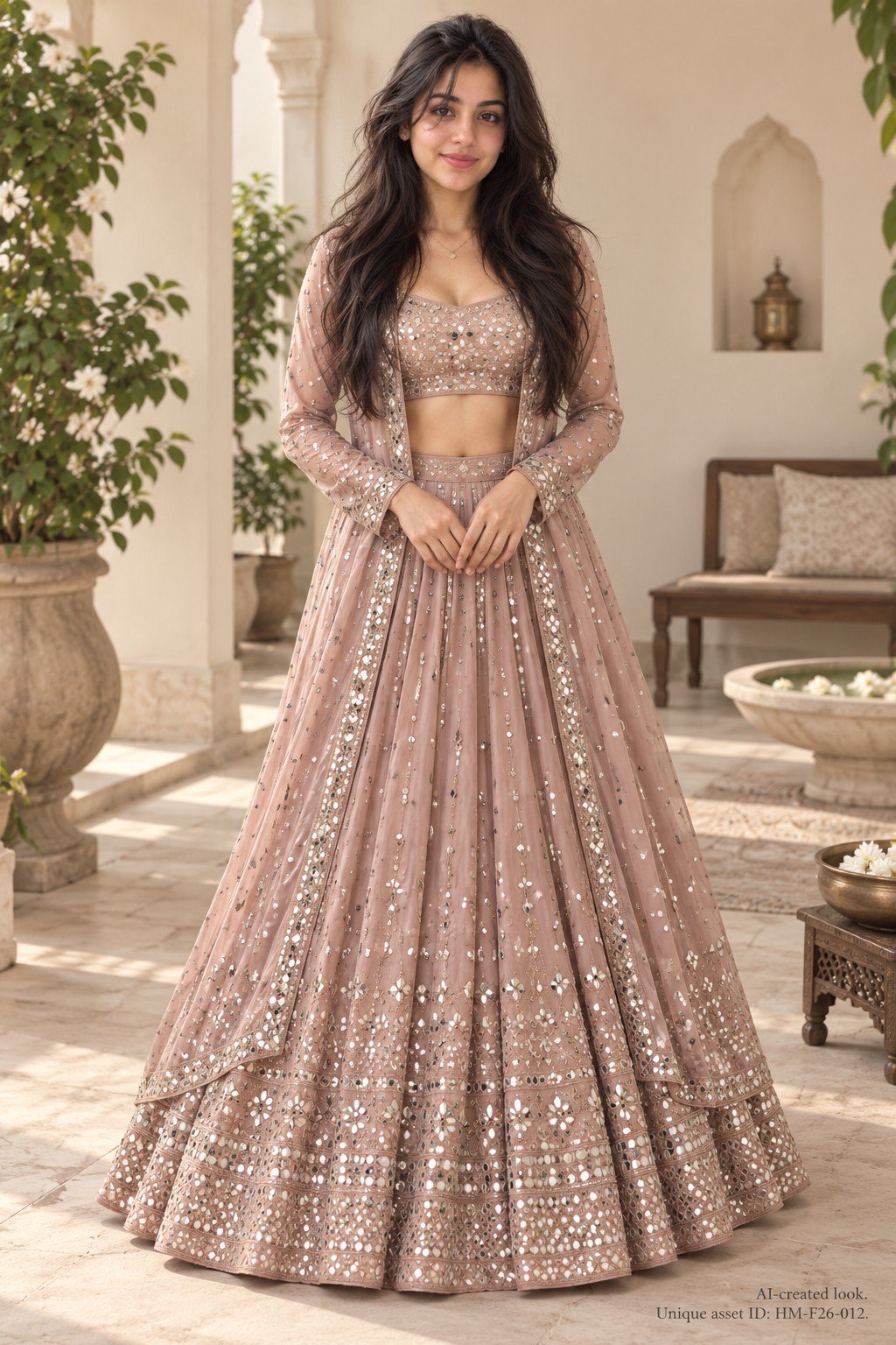 AI-created Maya styling inspiration: LYMI LABEL georgette mirror-work lehenga choli with shrug