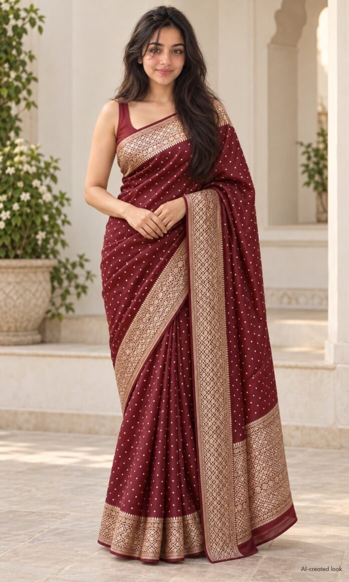 AI-created Maya main view: Maroon saree with small dotted motifs and the actual wide cream/gold border