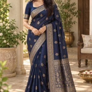 AI-created Maya styling inspiration: ETHNICHITZ navy Lichi silk-blend Banarasi-style saree