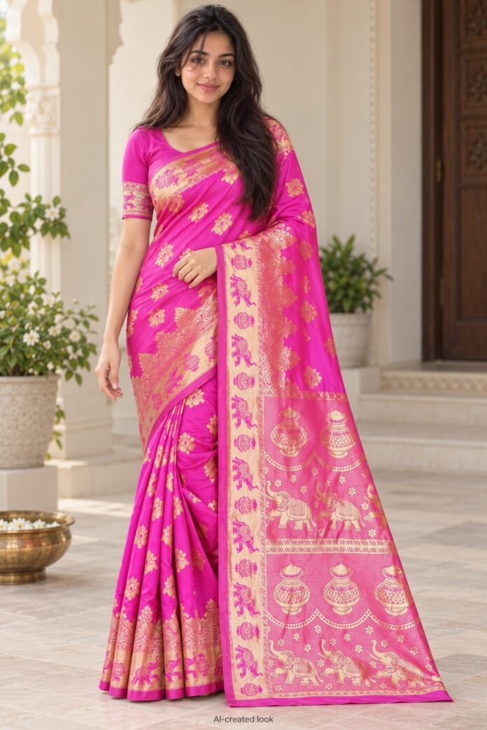 AI-created Maya main view: The observed bright pink saree with its ornate gold pallu and actual woven motifs