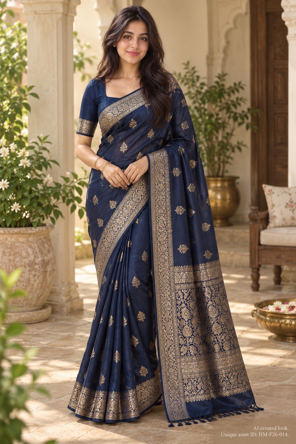 AI-created Maya styling inspiration: ETHNICHITZ navy Lichi silk-blend Banarasi-style saree