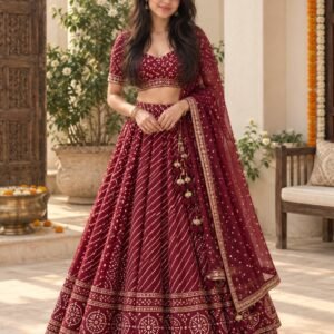 AI-created Maya styling inspiration: Veedhrumi maroon Bandhani-Leheriya Navratri lehenga choli